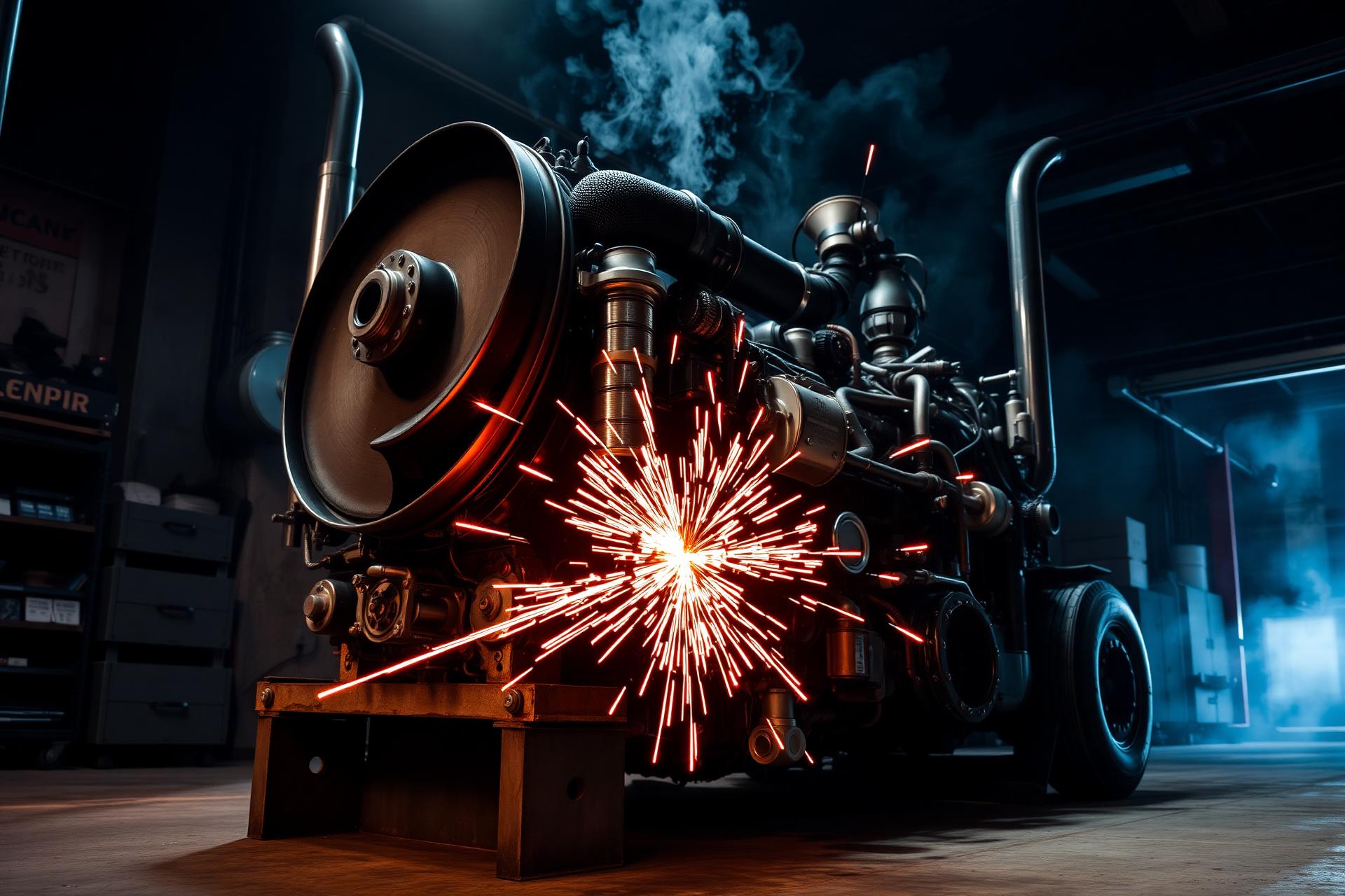 Heavy duty truck engine in industrial workshop